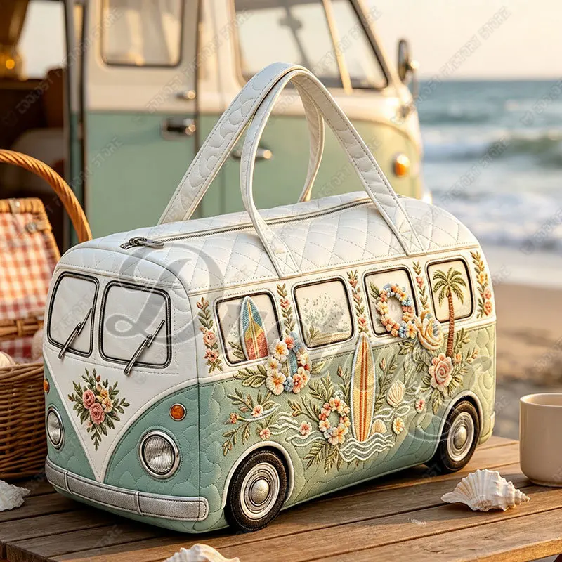 Vintage Bus-Shaped Handbag for Travel 2D Flat Quilted Surfboard and Coconut Tree Pattern Women Duffle Totes Shoulder Bags