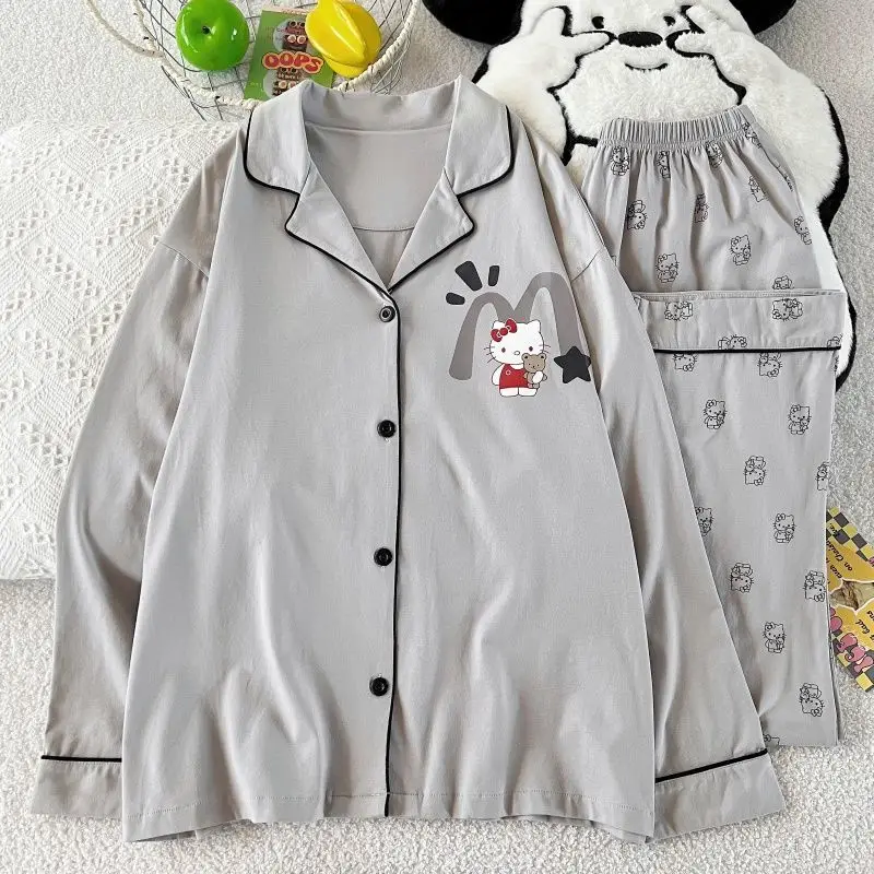

Sanrio Hello Kitty Women Nightgowns Set Cuteore Cartoon Spring Autumn Sleepwear Long Sleeve Pant Casual Sleeping Pajama Homewear