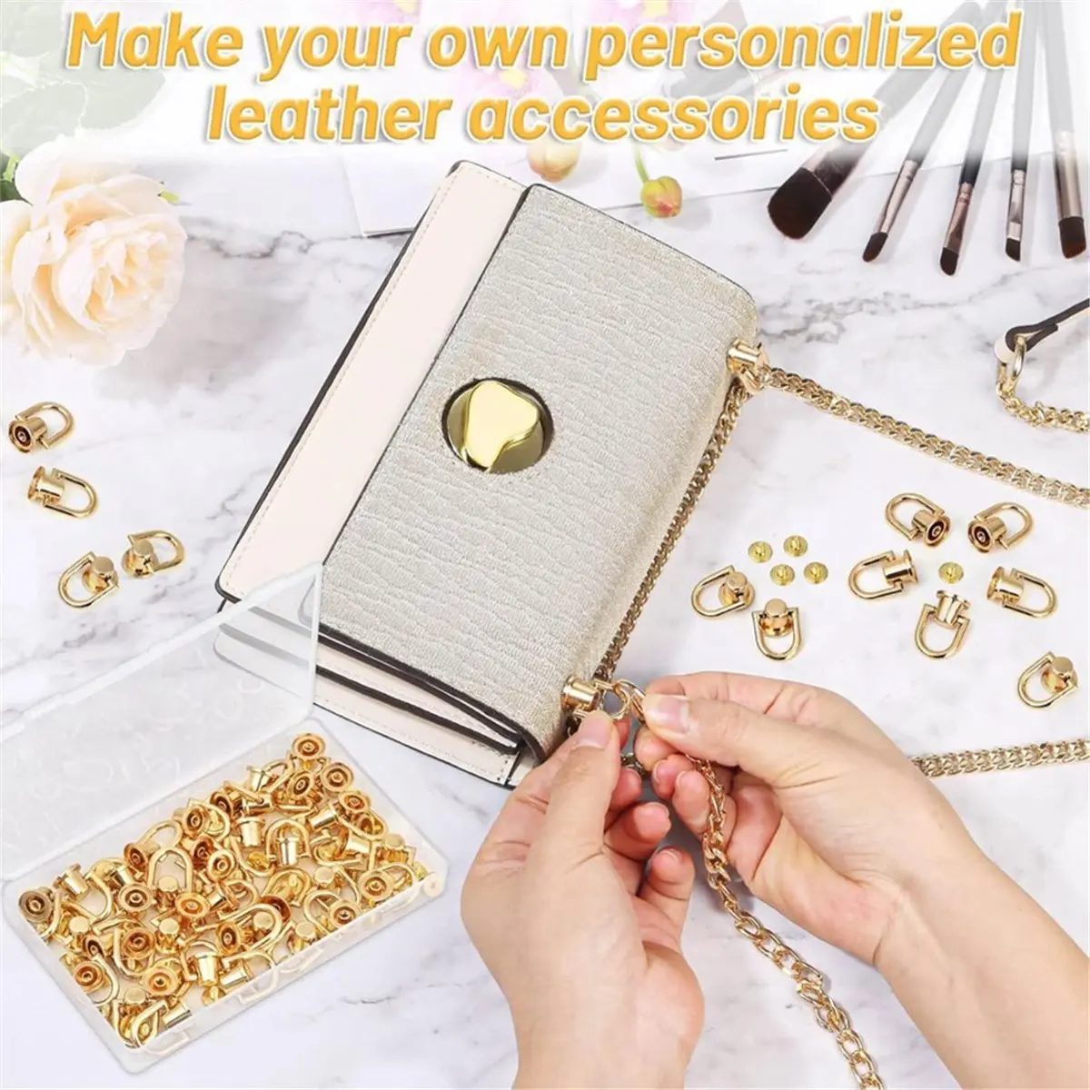 40 Pieces D Rings Rivets for Leather Purse, Gold Ball Studs Rivets with D Ring for Leather Crossbody Purse Craft