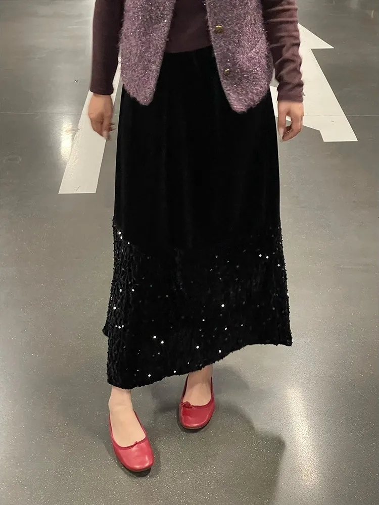 

Юбка-полусолнце с высокой талией из блестящего бархата с пайетками, драпированная, женская, весна 2026, облегающая, корейский стиль, дышащая, приятная к телу