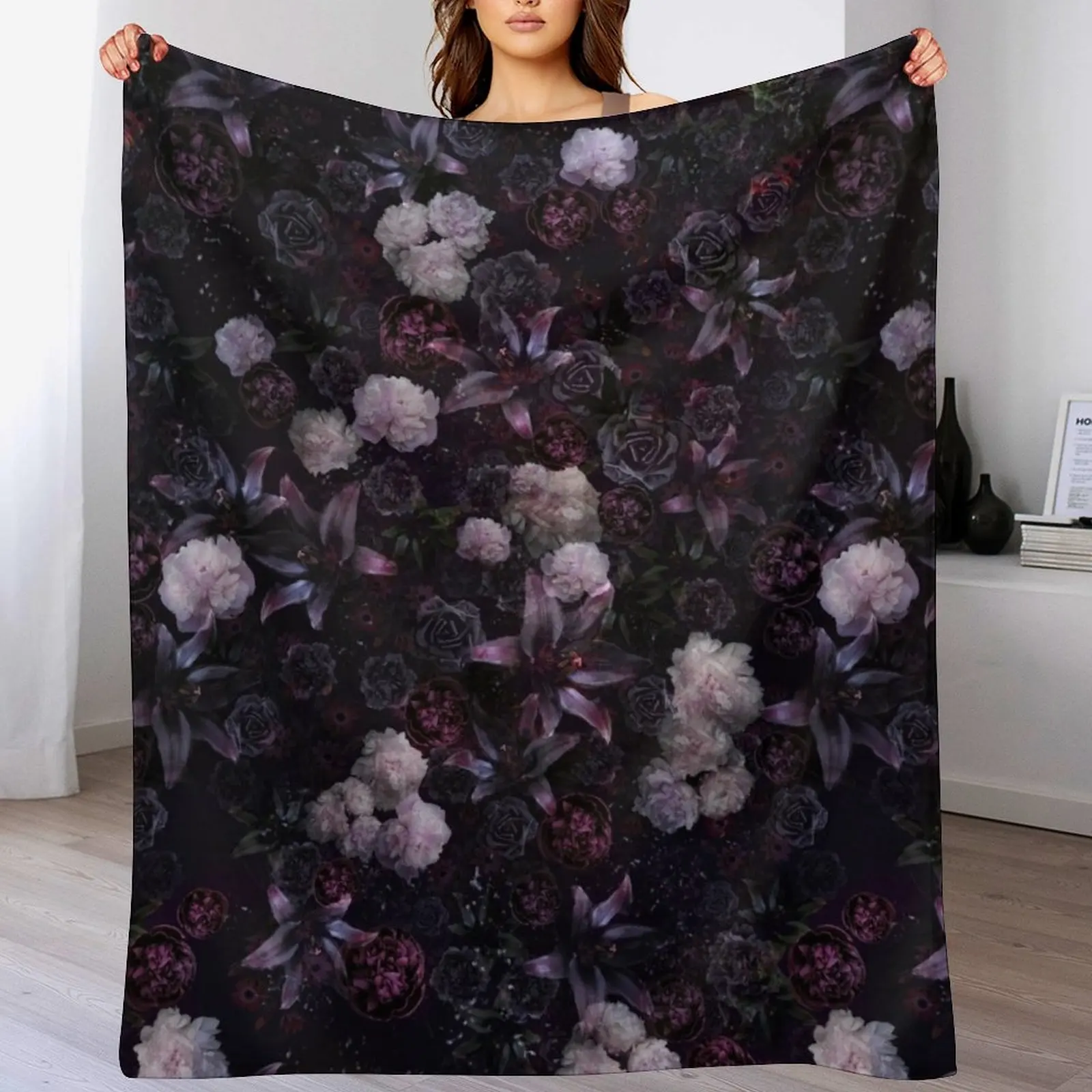 Midsummer Nights Dream #Dark Floral #Midnight #Black #Rose #Night Throw Blanket Sofa Quilt Plush Blankets