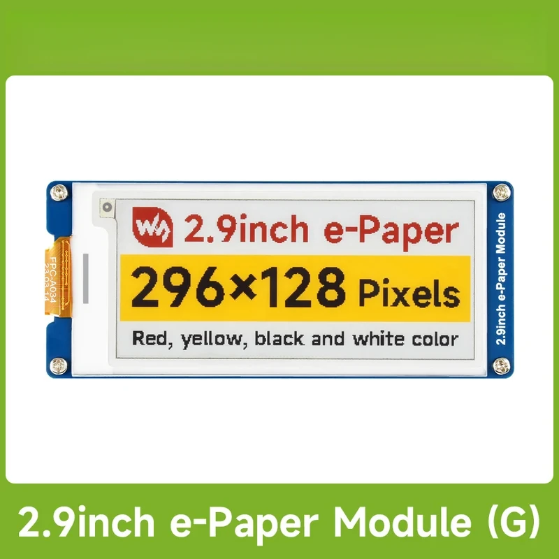 2.9inch E-Paper Display (G), E-ink Display for Raspberry Pi/ESP32/Arduino, 296x128, Red/Yellow/Black/White, SPI
