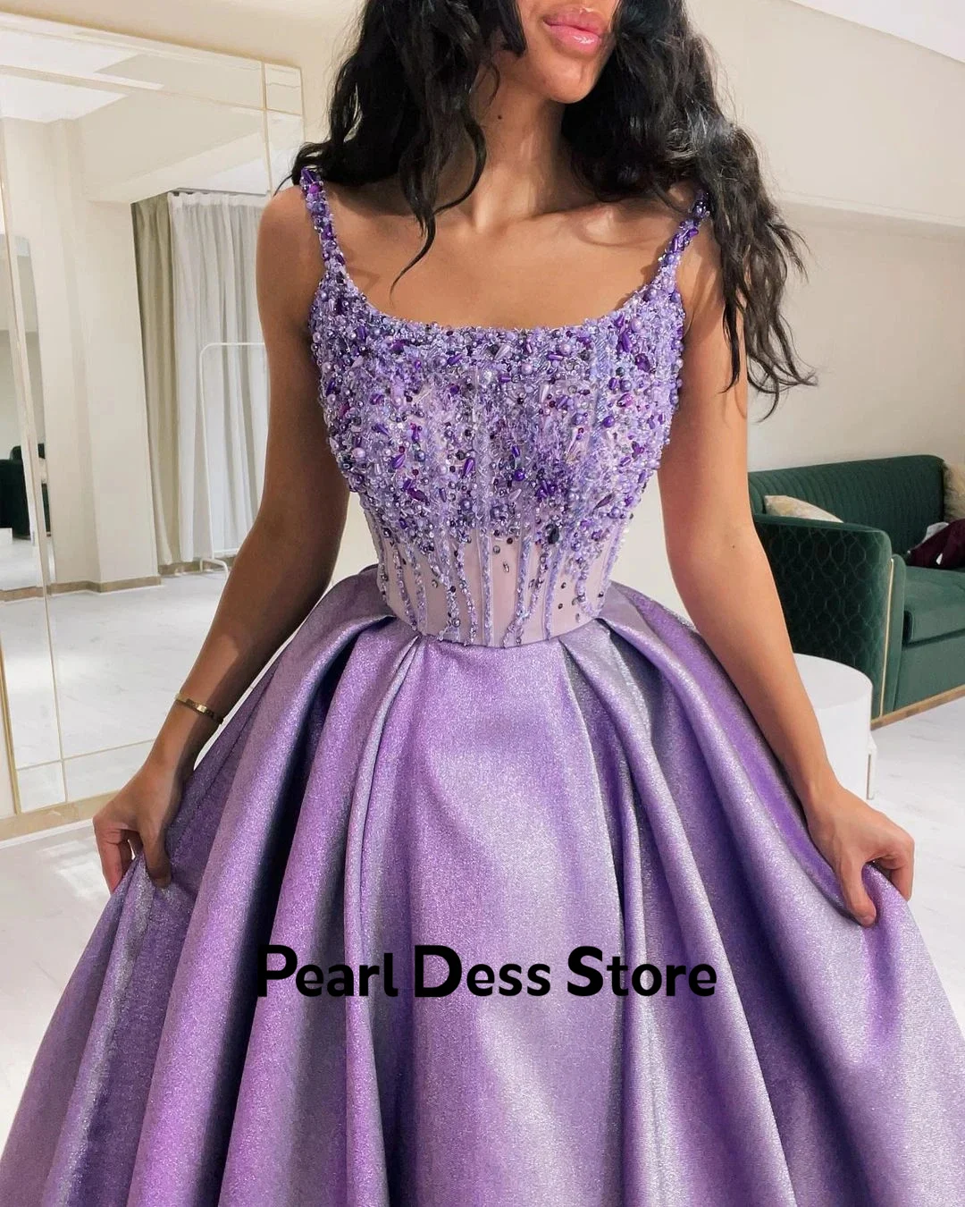 2024 Square neckline thin shoulder strap ball dress pearl sequin formal evening dress occasion dress Robe De Soiree