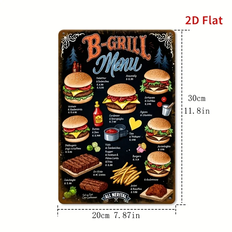 2D Flat, 1pc BBQ Grill Menu Metal Wall Art - Rustic Vintage Barbecue Sign with Hamburger,Home Decoration, Restaurant Decoration,