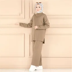 Elegant Casual Autumn Winter Knitted 2 Piece Set Womens Outfits Matching Muslim Set Wide Leg Pants Suit Tracksuit Ramadan Arabic