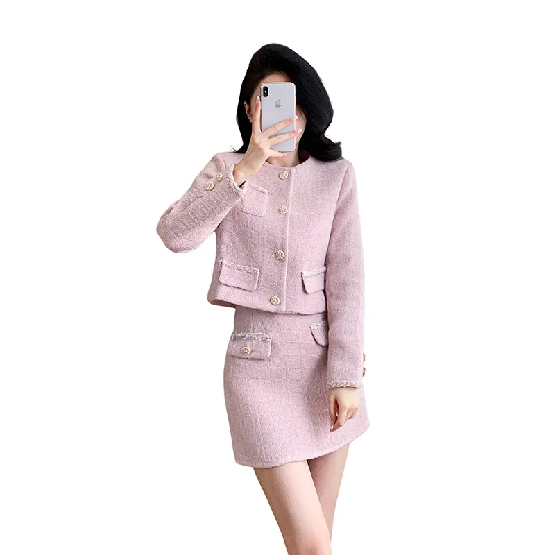 Pink purple women's tweed 2-pcs set round neck jacket+A-line short skirt 2024 autumn and winter small fragrance style set