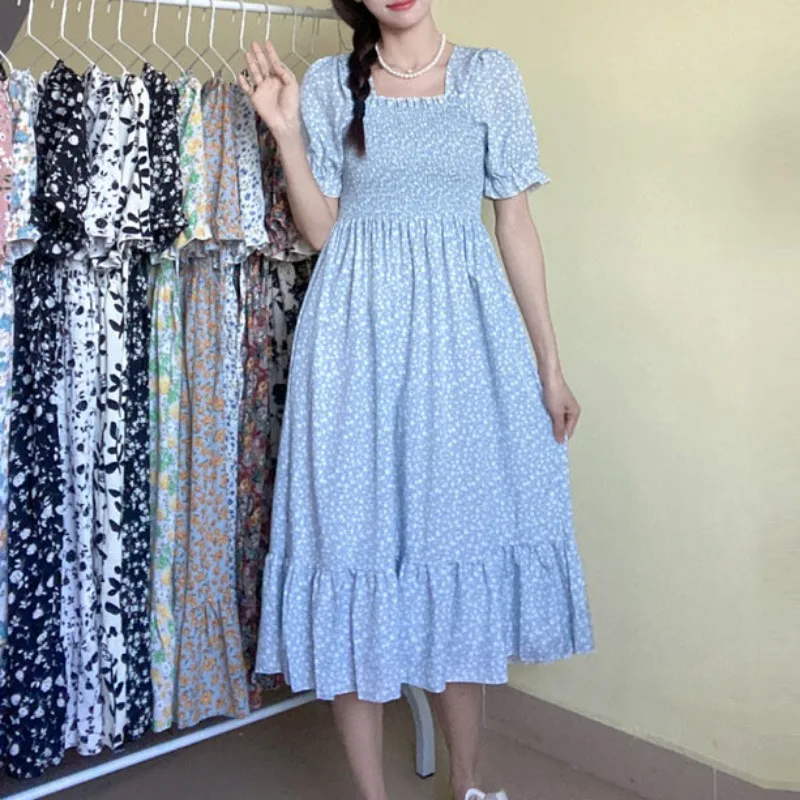 Spring Summer Elastic Waist Chiffon Dress Women Casual Dresses Vestidos Fashion Female Short Sleeve Pleated A-line Dresses