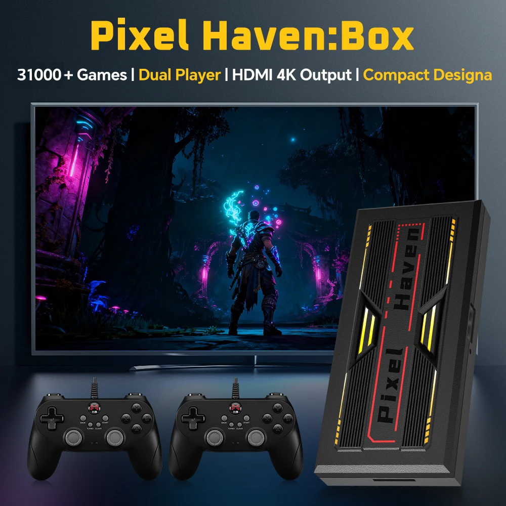 

Pixel Haven Retro Game Console 64GB with 29,000+ Games Supports 4K HD Output Quad-Core Chip Pocket-Size Power Plug&Plug