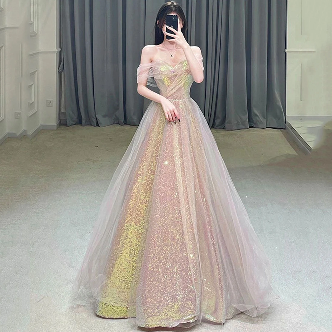 Elegant Sequin Floor-Length Prom Dress A-Line Gown Customized