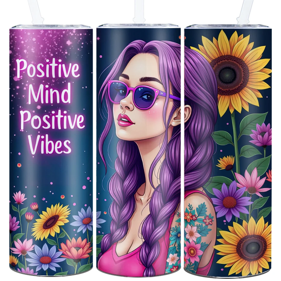 20oz Skinny Straight Tumblers Straw Lid Print 3D Positive Mind & Vibes Girl Festive Party Mugs Seamless Mugs Family Party Gift