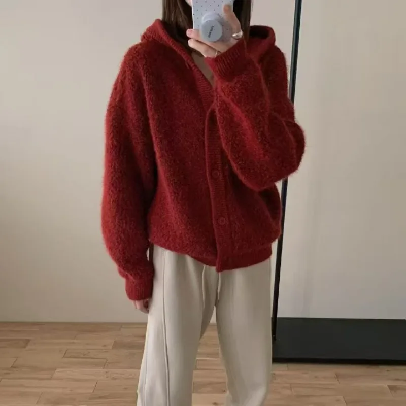 

Women's Hooded Cardigan Warm Fleece Korean Fashion Cute Plush Outerwear Winter Baggy Thickened Sweater Shirt Coat Versatile B933