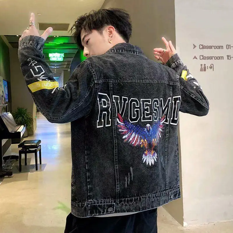 

Мужские джинсовые пальто, весенне-осенние тонкие повседневные куртки с длинными рукавами, модные топы с лацканами и буквами, мужская одежда большого размера