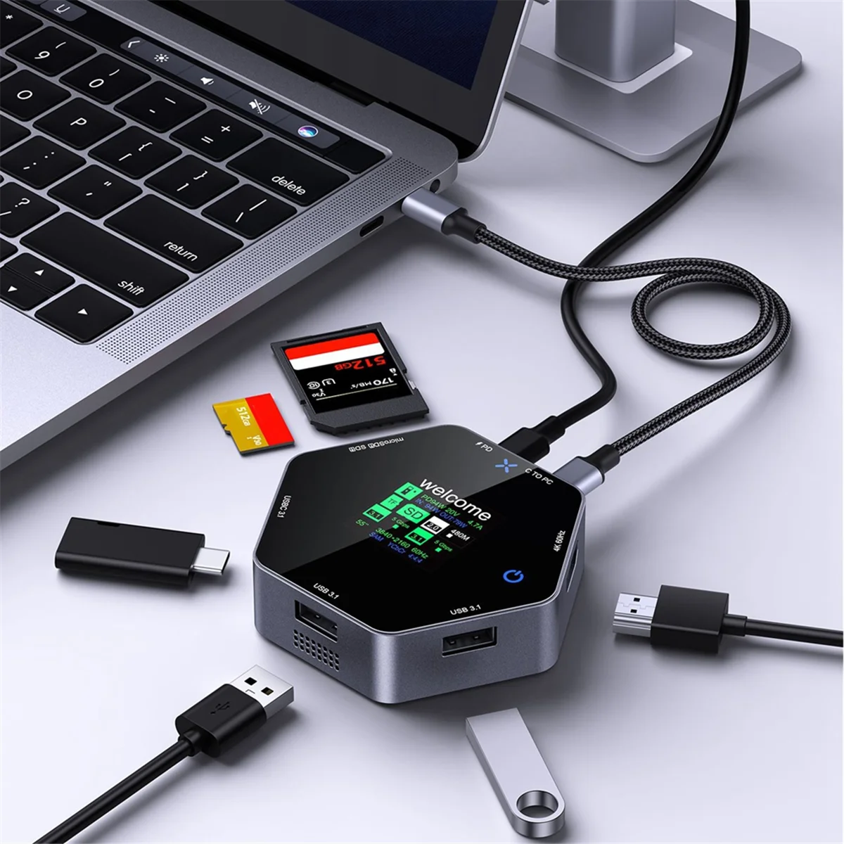 محطة إرساء ثمانية في واحد من النوع C شاشة ذكية 4K 60HZ متعددة المنافذ محور الفاصل USB 3.1 TF قارئ بطاقات SD USB