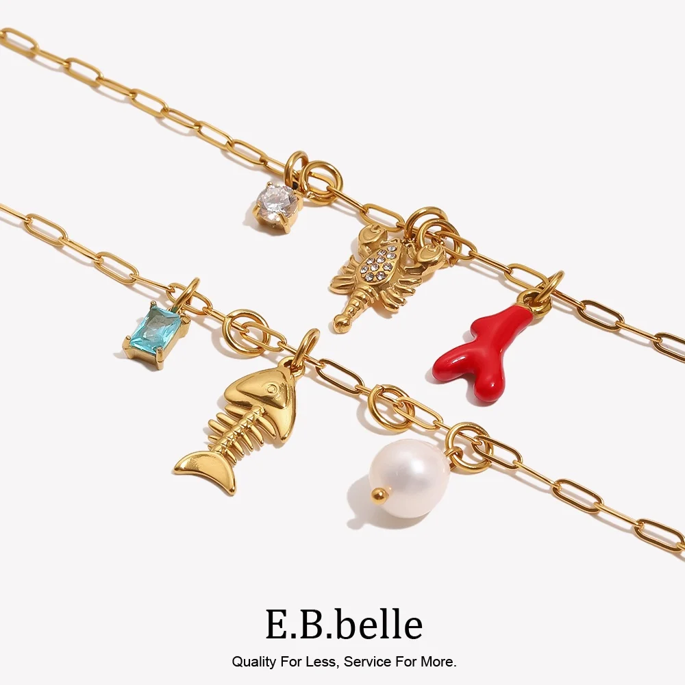 E.B.belle Ocean Charm Paperclip Chain Anklet 18K Gold Plated 316L Stainless Steel Ankle Chain Vacation Beach Women Jewelry New