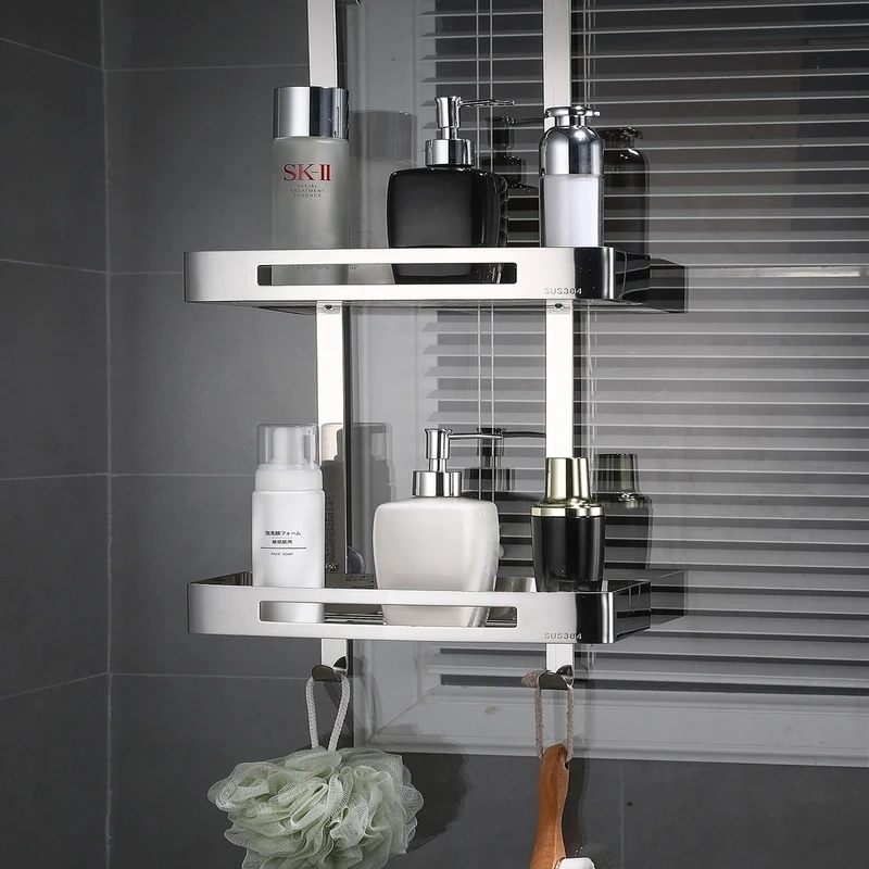 304 Stainless Steel Bathroom Shelf Shower Room Hanging Rack with Double Baskets Ideal for Door Rear Storage Organization