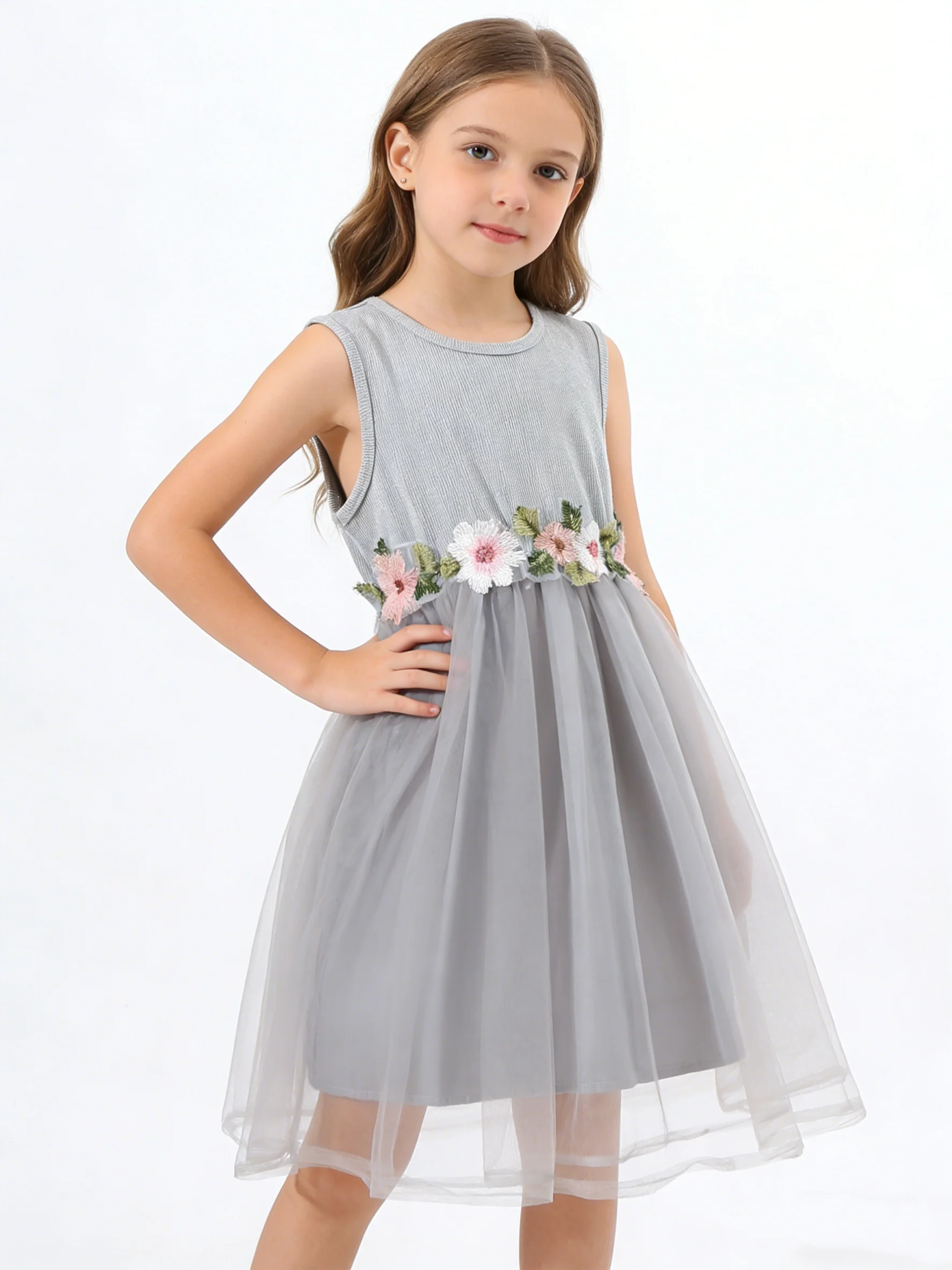 Summer Girls' Round Neck Sleeveless Solid Color Waist Patch Multi-Layer Mesh Princess Dress Fashionable And Cute Dress