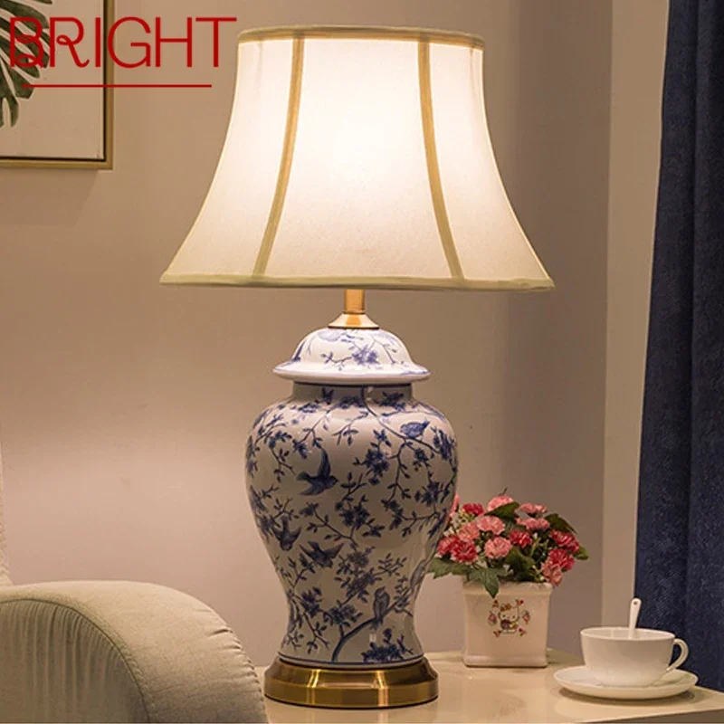 

BRIGHT American CeramicTable Lamp Blue Classical Creativity Living Room Bedroom Study Hotel engineering Desk Light