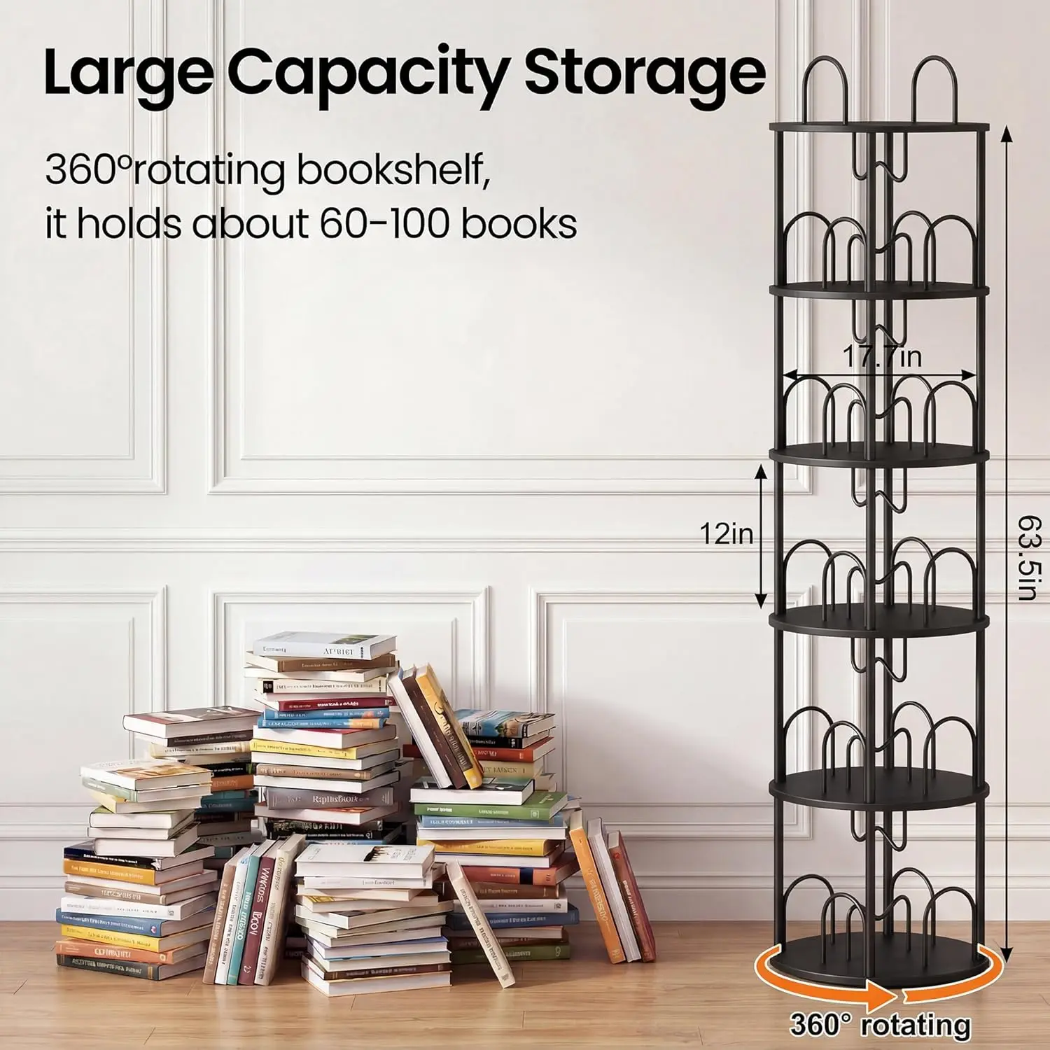 5 Tier Rotating Bookshelf, 360° Spinning Bookshelf Tower, Narrow Corner Book Shelf, Revolving Bookcase Corner Tall Book