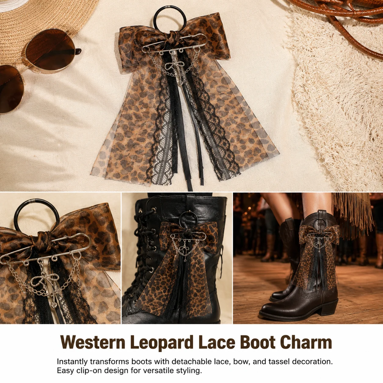 Shoe Accessories Clip-on Shoe Charm for Western Cowboy Boots Leopard Bows Lace Tassel Decorative Attachment Retro Style