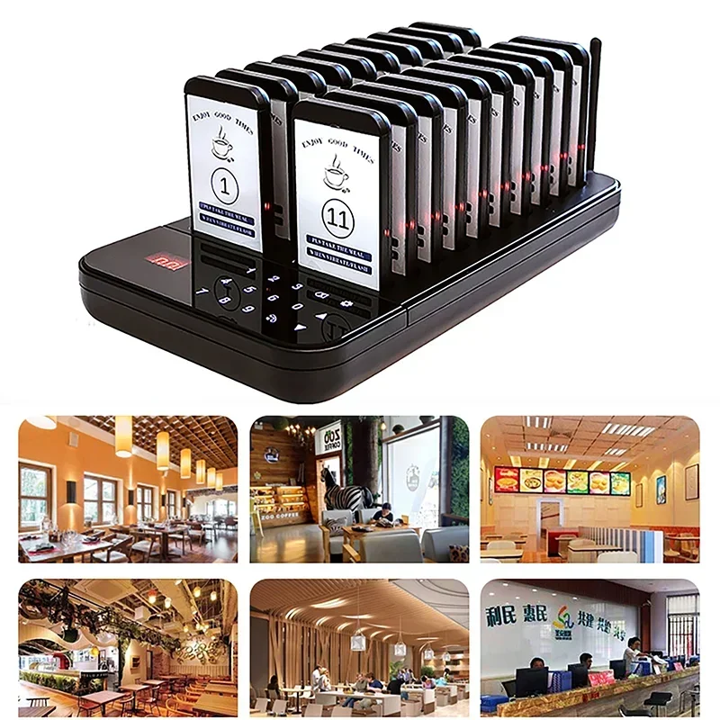 Wireless Restaurant Pager Calling System 20 Coasters Buzzer Vibrator Bell Receiver For Food Truck Bar Coffee Fast Food Bar Cafe