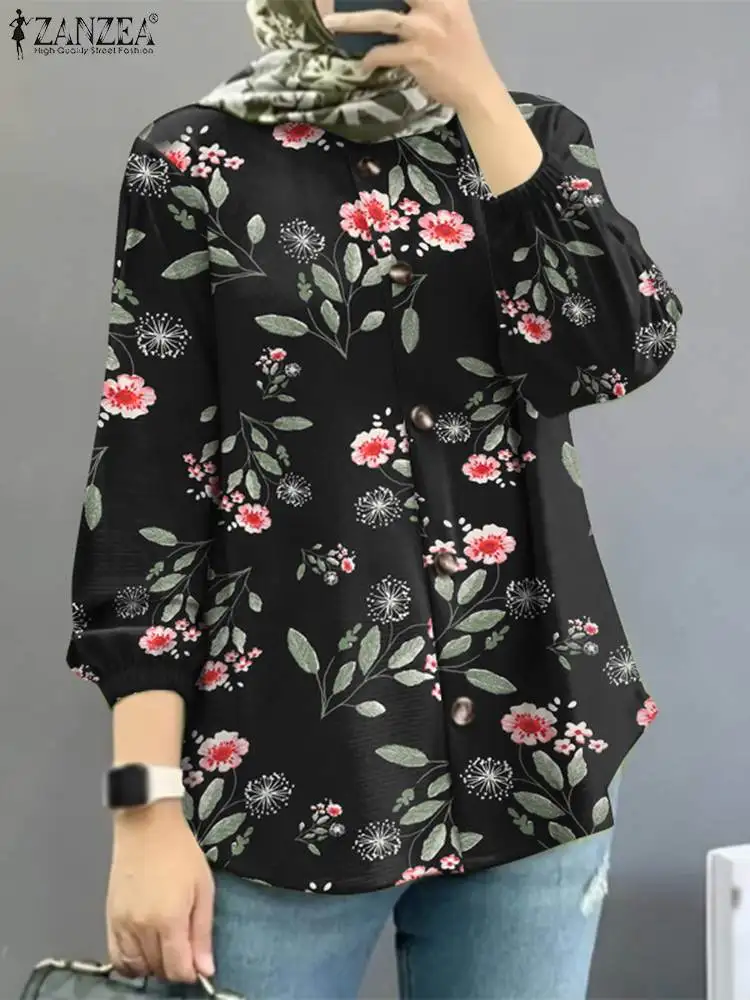 

2023 ZANZEA Women Abaya Dubai Muslim Floral Printed Blouse Autumn Long Sleeve Shirt Casual Turkey Tops Female Islamic Blusas