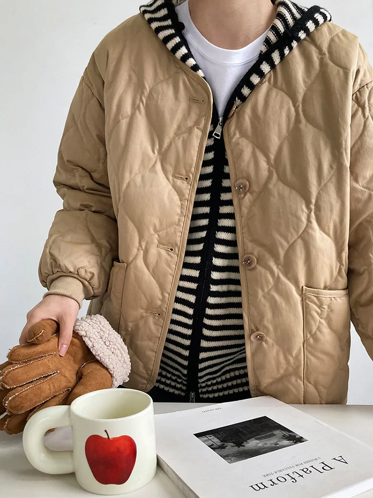 Loose Light Brown Big Size Down Jacket New Round Neck Diamond Check Warm Women's Coat Autumn and Winter 2022 Fashion Tide