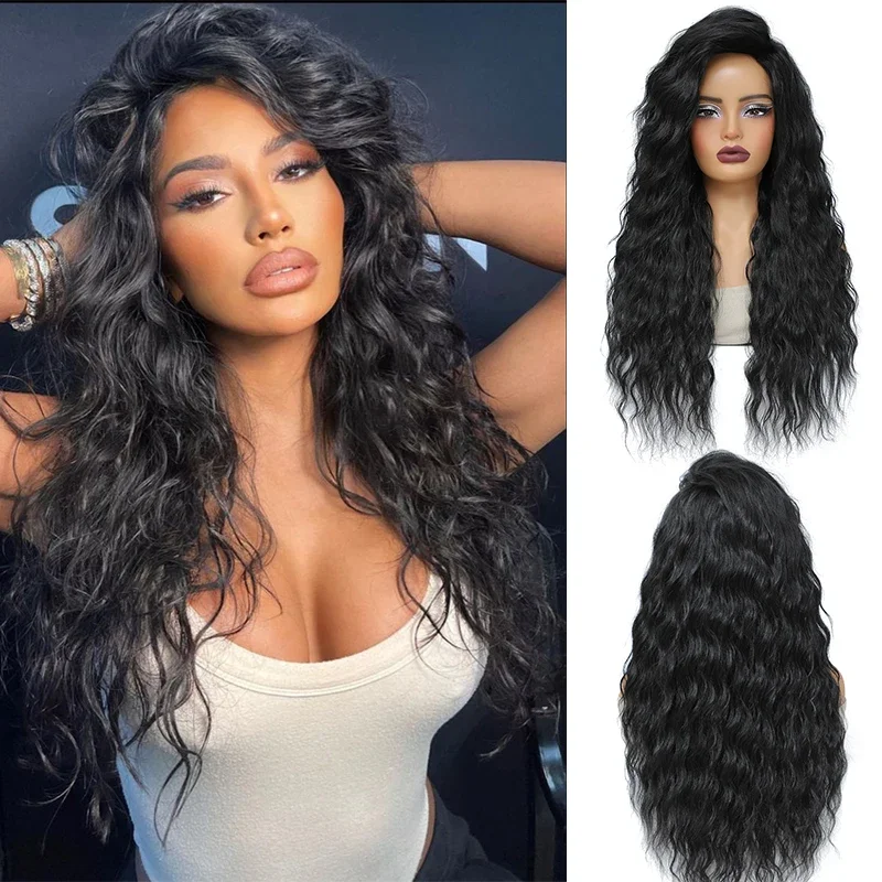 Long Curly Hair Wigs for Women 28 Inch Black Water Wave Free Part Wig Synthetic Heat Resistant Fiber Wave Wig Cosplay Daily Use