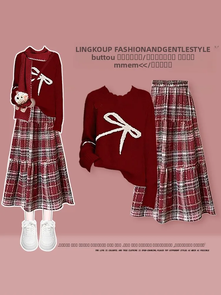 

Красный свитер и юбка в клетку с высокой талией, комплект из двух предметов для женщин, стильный костюм для колледжа, юбка для стройности, новогодний наряд