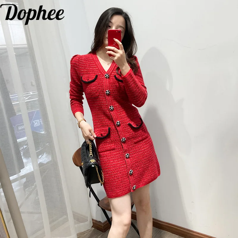 

Dophee Autumn Winter Fashion Lady Christmas Party Red Knitted Dress Elegant V-neck Diamonds Single-breasted Women Pencil Dress