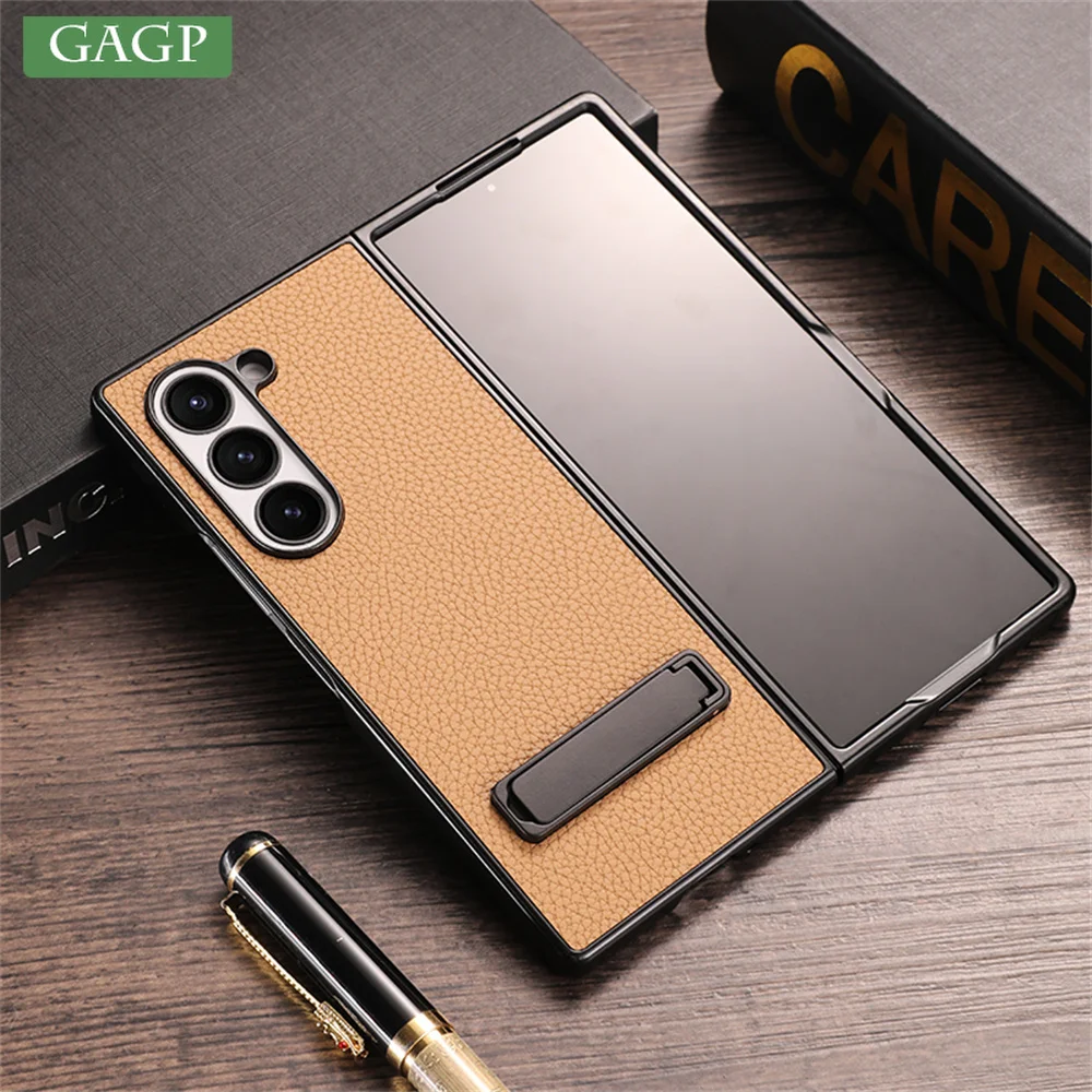 Business Litchi Leather Invisible Bracket Case For Samsung Galaxy Z Fold 6 5 Stand Holder Bumper Thin Cover For Galaxy Fold 4 3