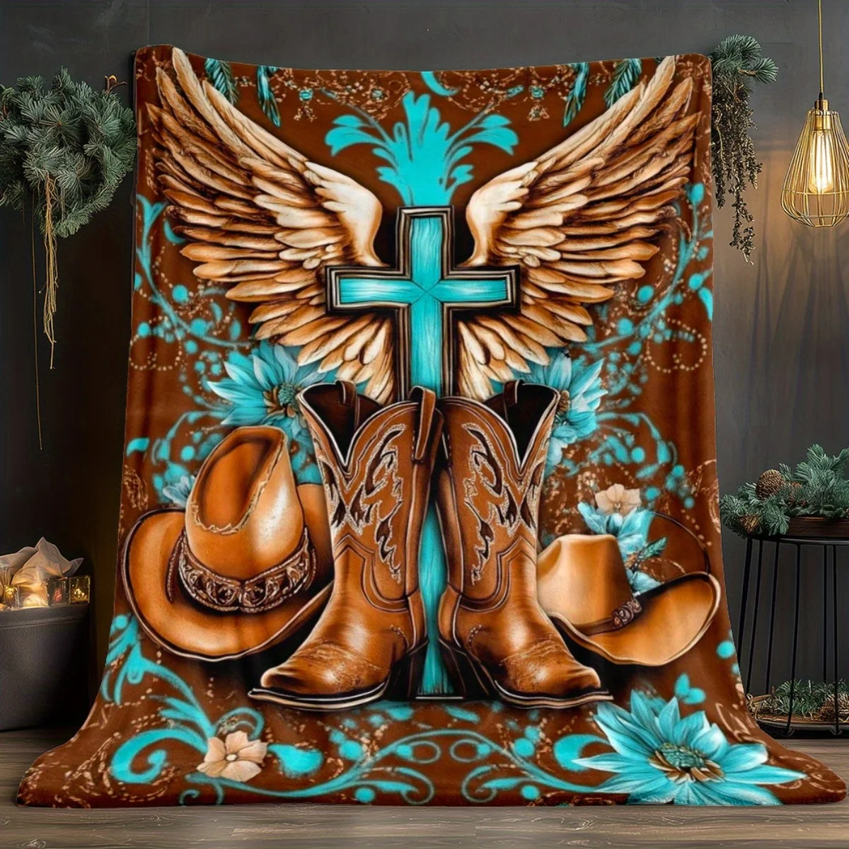 1pc Western Cowboy Angel Wings Cross Print Flannel Throw Blanket - Lightweight Soft Warm All-Season Portable Blanket for Sofa