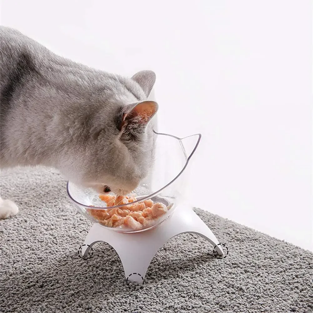 Pet Cat Bowl Transparent Plastic Raised Stand Feeding Double Bowl Pet Food Water Feeder Bowl 15 Degree Tilted Design Neck Guard