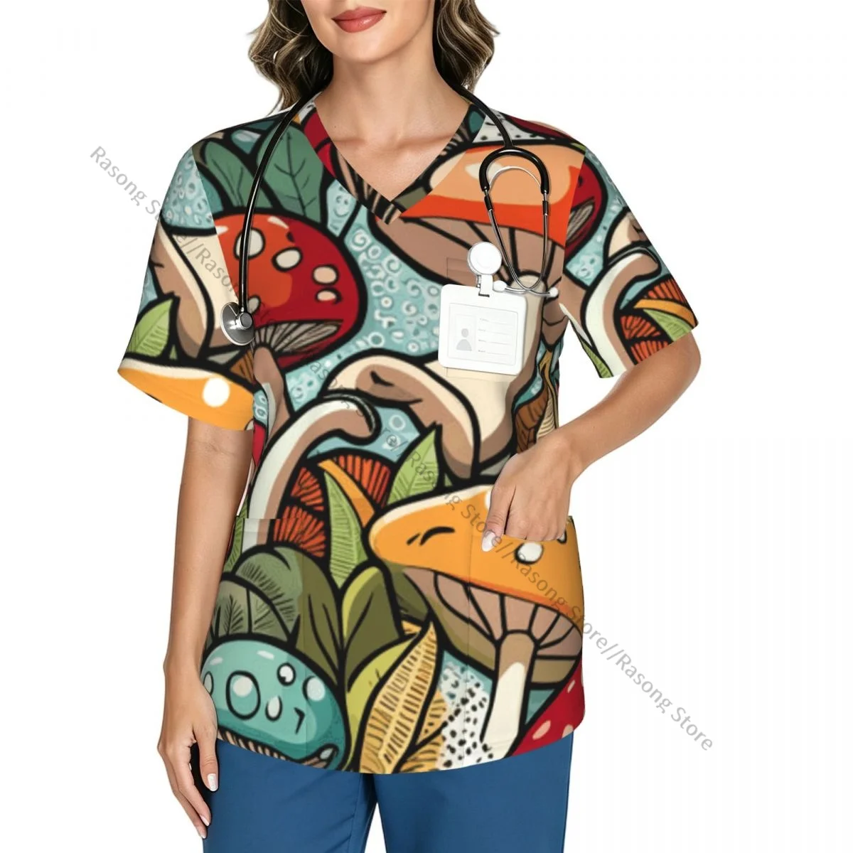Mushrooms Branches Leaves And Berries Set Scrubs tops medical uniforms women V Neck Stretch Scrub Shirt Dentist doctor Blouse