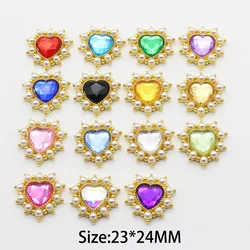 10Pcs 23*24mm Silver/Gold Heart Alloy Rhinestone Flatback Buttons Jewelry for Clothing Wedding Sewing Diy Accessories Decorative