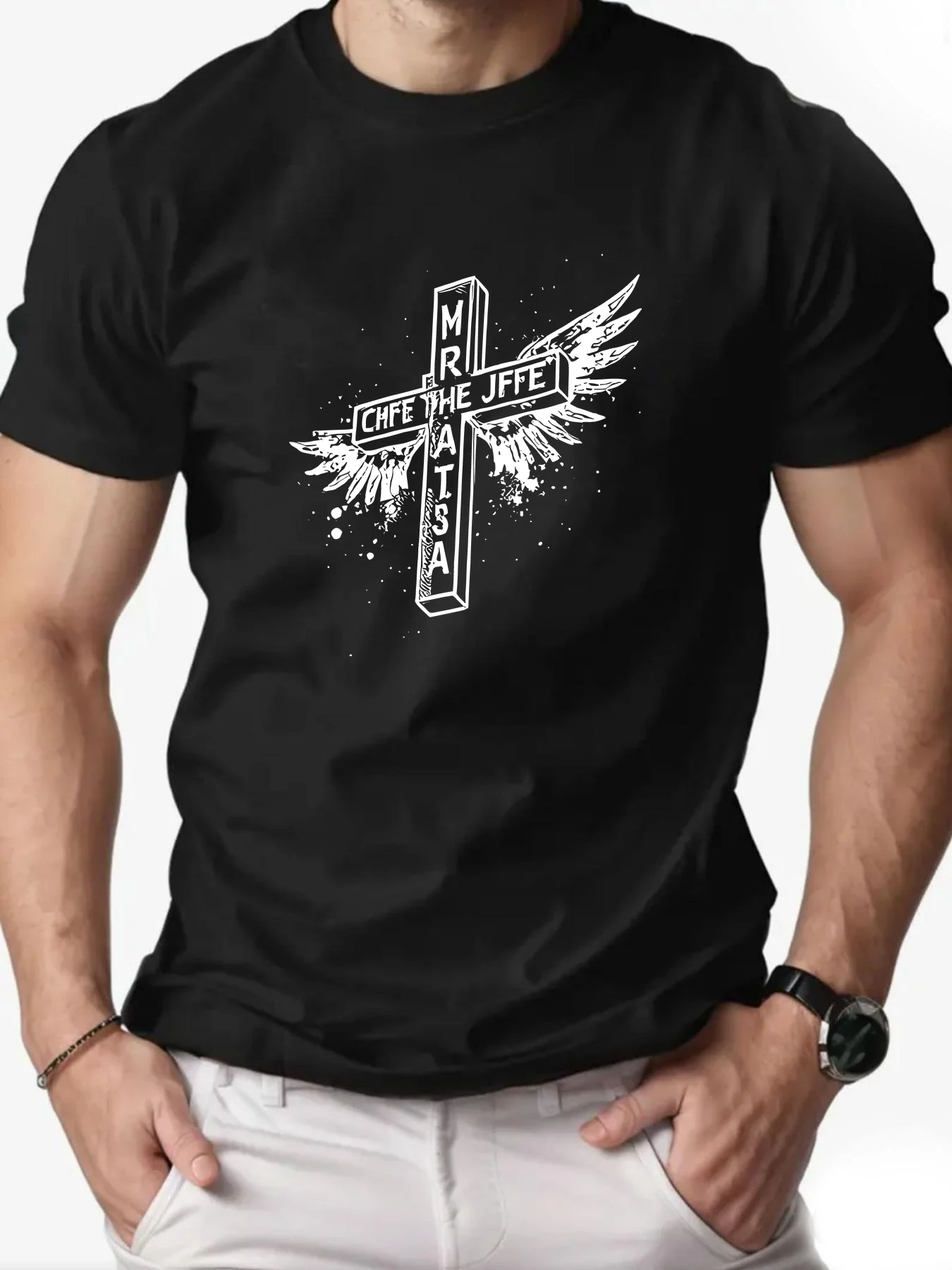 

Men T-Shirt 100% Cotton Cross Wings Print Religious Faith Design Pattern Print Streetwear Round Collar Tee Summer Breathable
