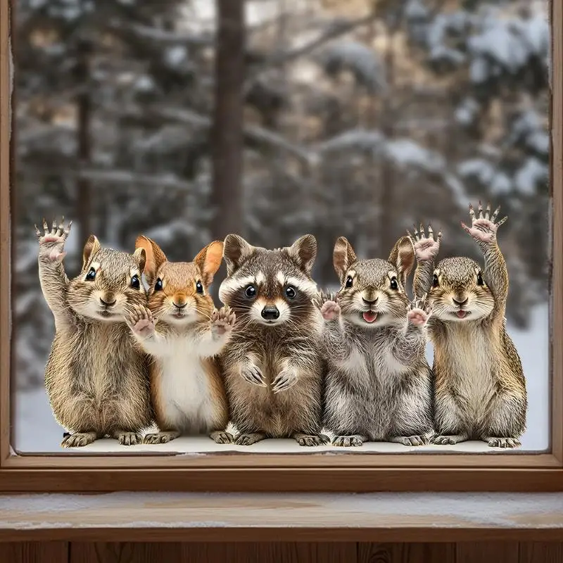 New Cute Forest Animal Window Stickers Squirrel & Raccoon Waving Glass Art Decals For Home Living Room Bedroom