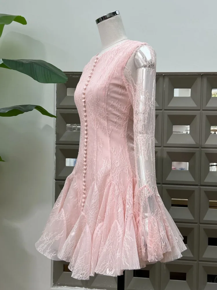 DFDG 2025 Spring Summer Women’s Lace Cutout Bodycon Dress Vintage Waist Tie Dress Trumpet Sleeve Breathable Button Party Dress