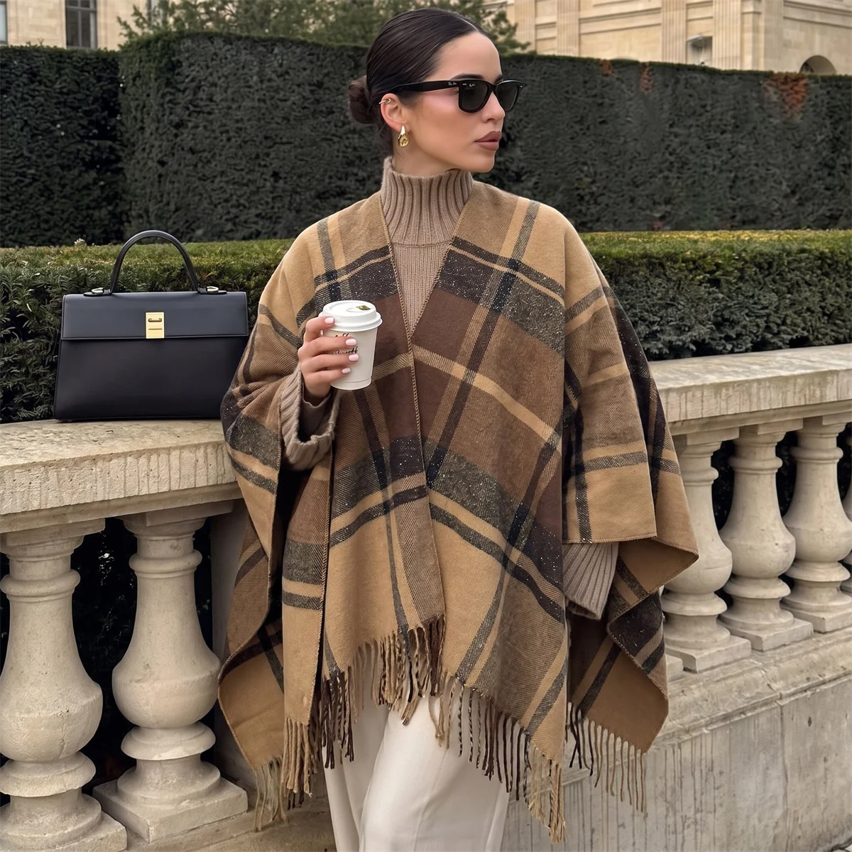Classic Scottish Plaid Poncho Shawl With Tassel Fringe Winter Warm Open Front Cape For Women Outdoor Daily Wear Accessories