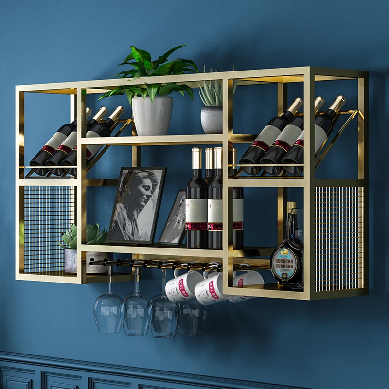 

Nordic wrought iron solid wood home wine cabinet wall-mounted wine rack living room display storage wall red wine rack