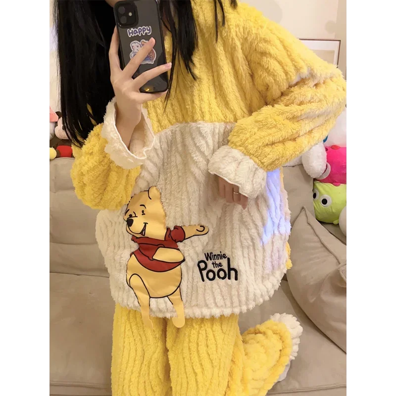 Cartoon Winnie the Pooh pajamas winter new coral fleece fleece thickened flannel cute Disney loungewear women\'s pajamas set