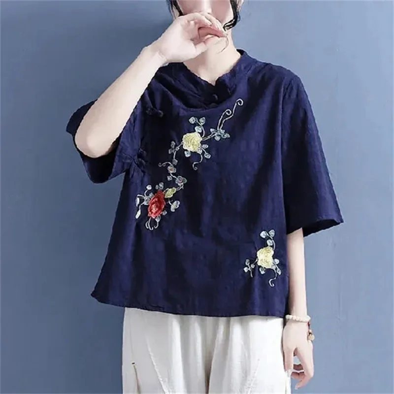 2024 New Spring SummerEthnic Style Large Size Cotton Linen Shirt Women Embroidered Blouse Chinese Style Stand Collar Tops 4XL