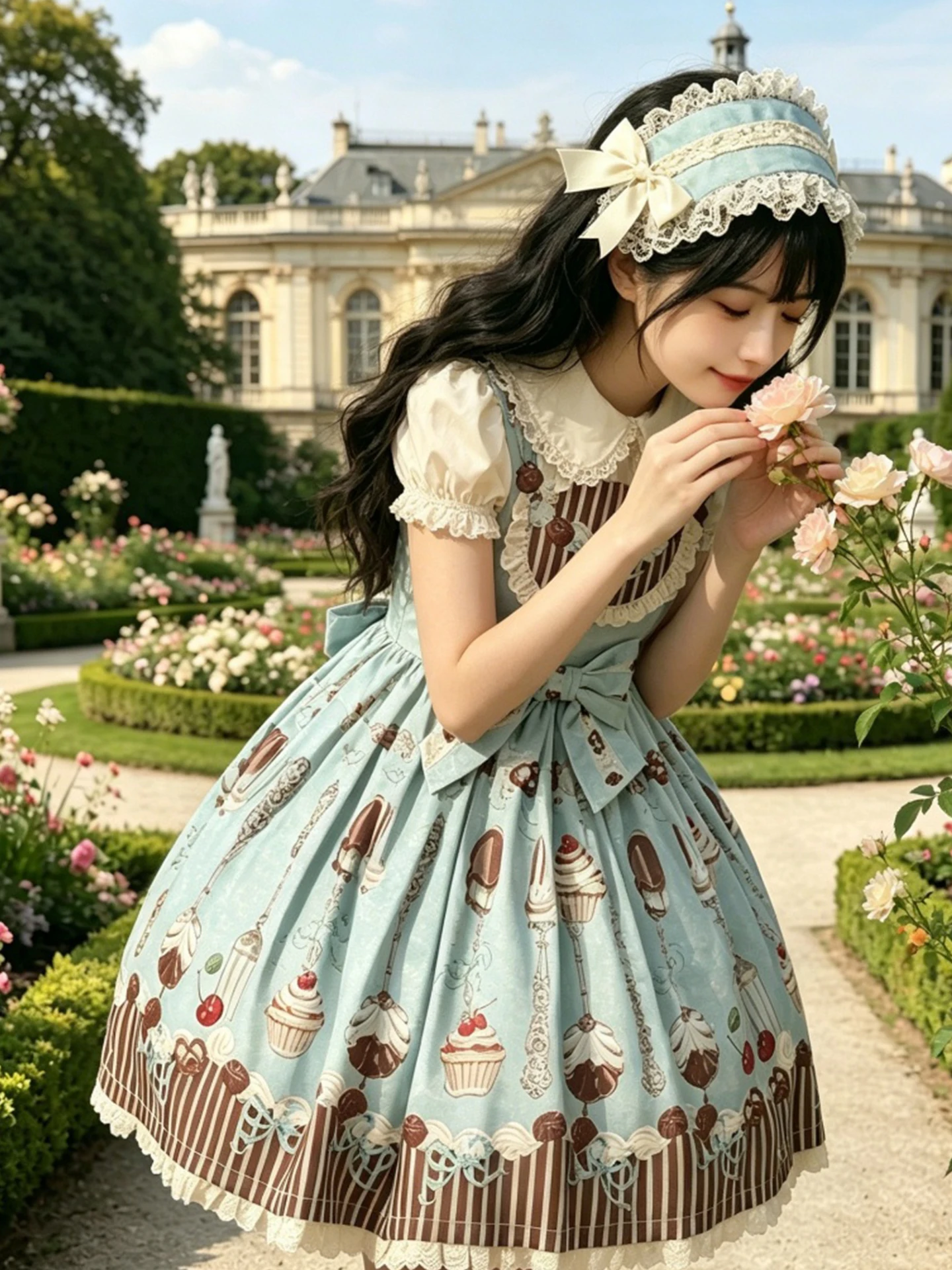 

Sweet Large Size Lolita Print Dress Loose Slimming A-Line Skirt for plus Size Women Short Sleeve mid Waist Zipper Back Style