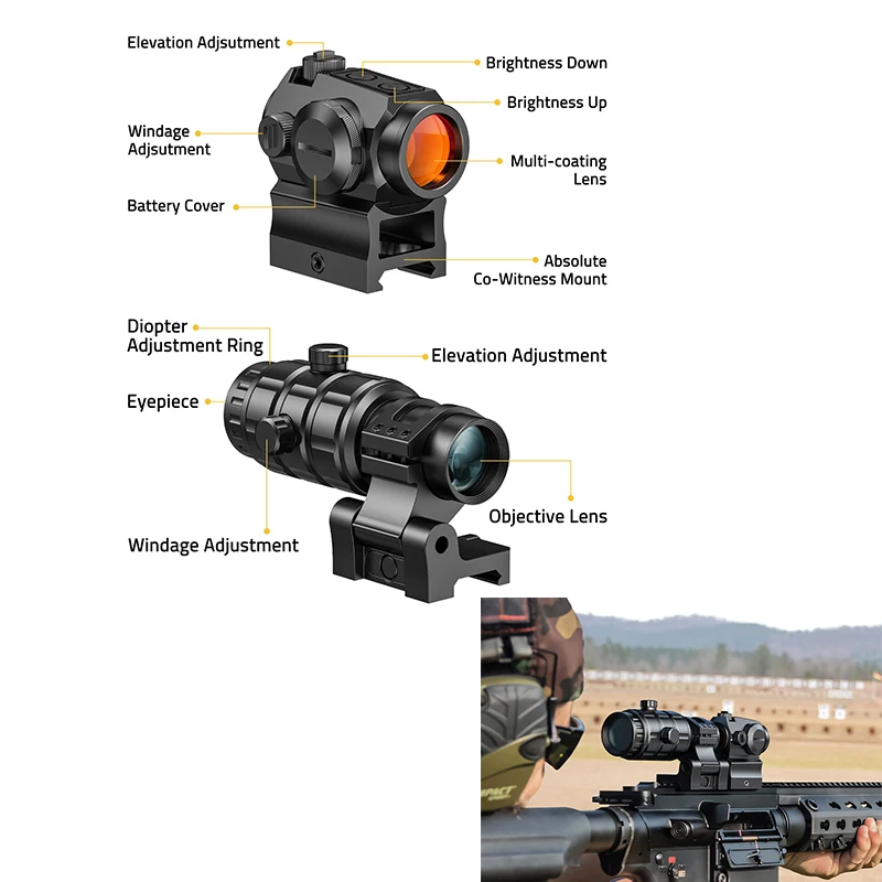 

CVLIFE Red Dot Sight & 3X Magnifier Combo 2 MOA Reflex Scope Optics Flip-to-Side Kit Absolute Co-witness & Low Picatinny Mount