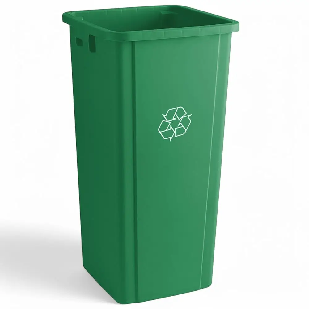 

23 Gallon Green Square Trash Can, Plastic, Commercial Use