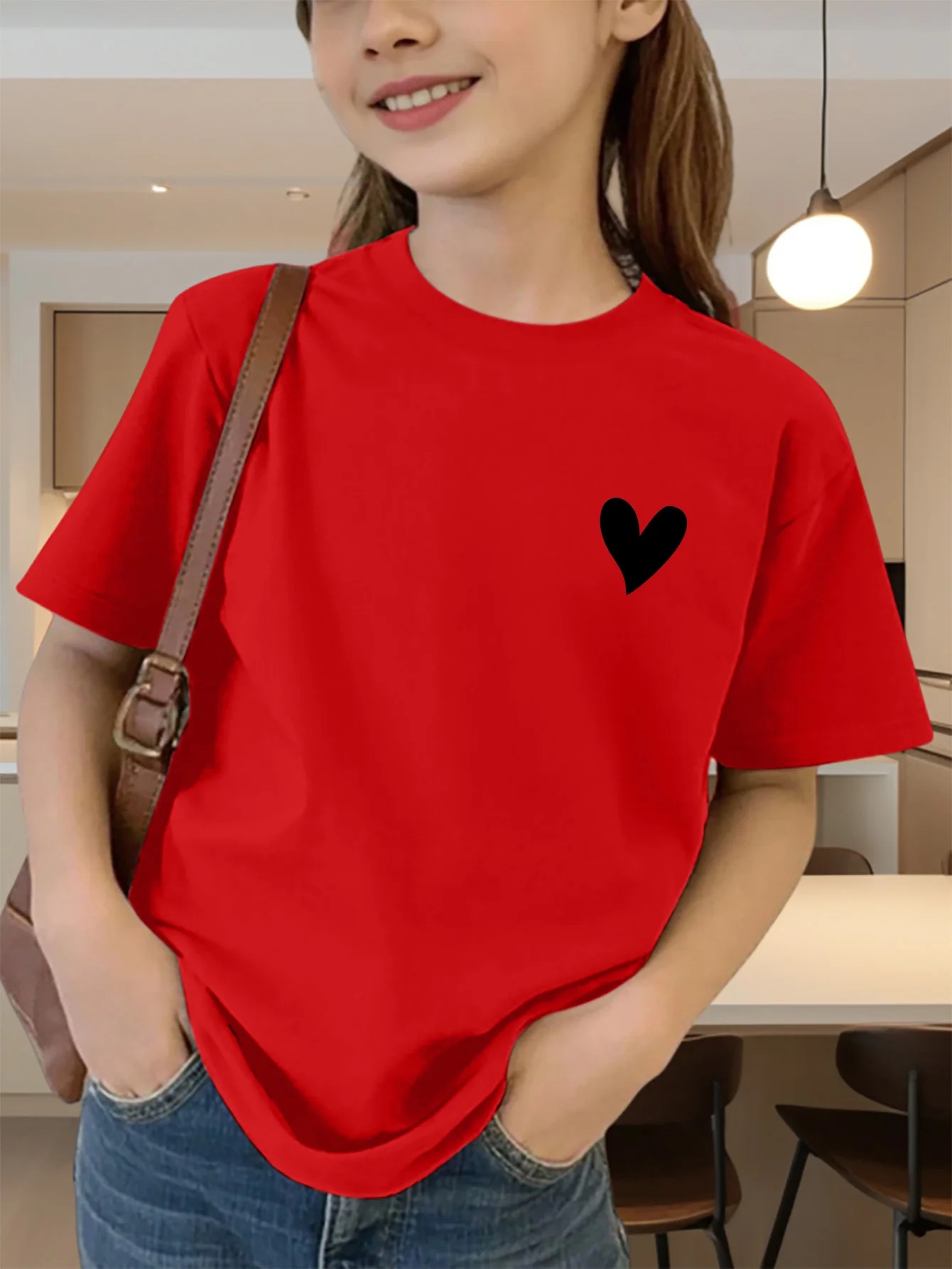 Cute Small Black Heart Minimal Pocket Graphic Kids Tee Boys Girls Family Matching Cotton Crew Neck Short Sleeve Soft Summer Tee