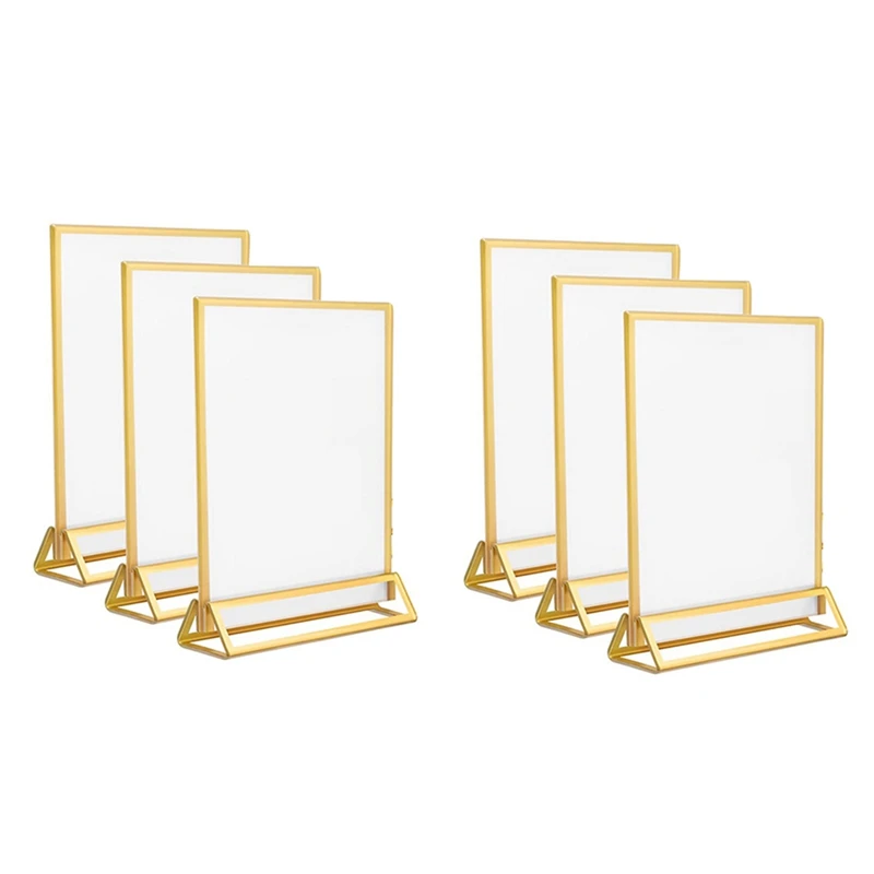 6Piece Sign Holder 5X7 Inch Acrylic With Gold Borders And Vertical Stand, Double Sided Table Holders For Wedding