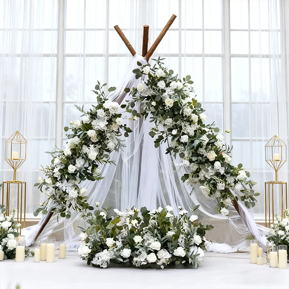 

Luxury Wholesale White Silk Rose White Green Flower Row Wedding Table Flower Runner For Wedding Event Decor Party Stage