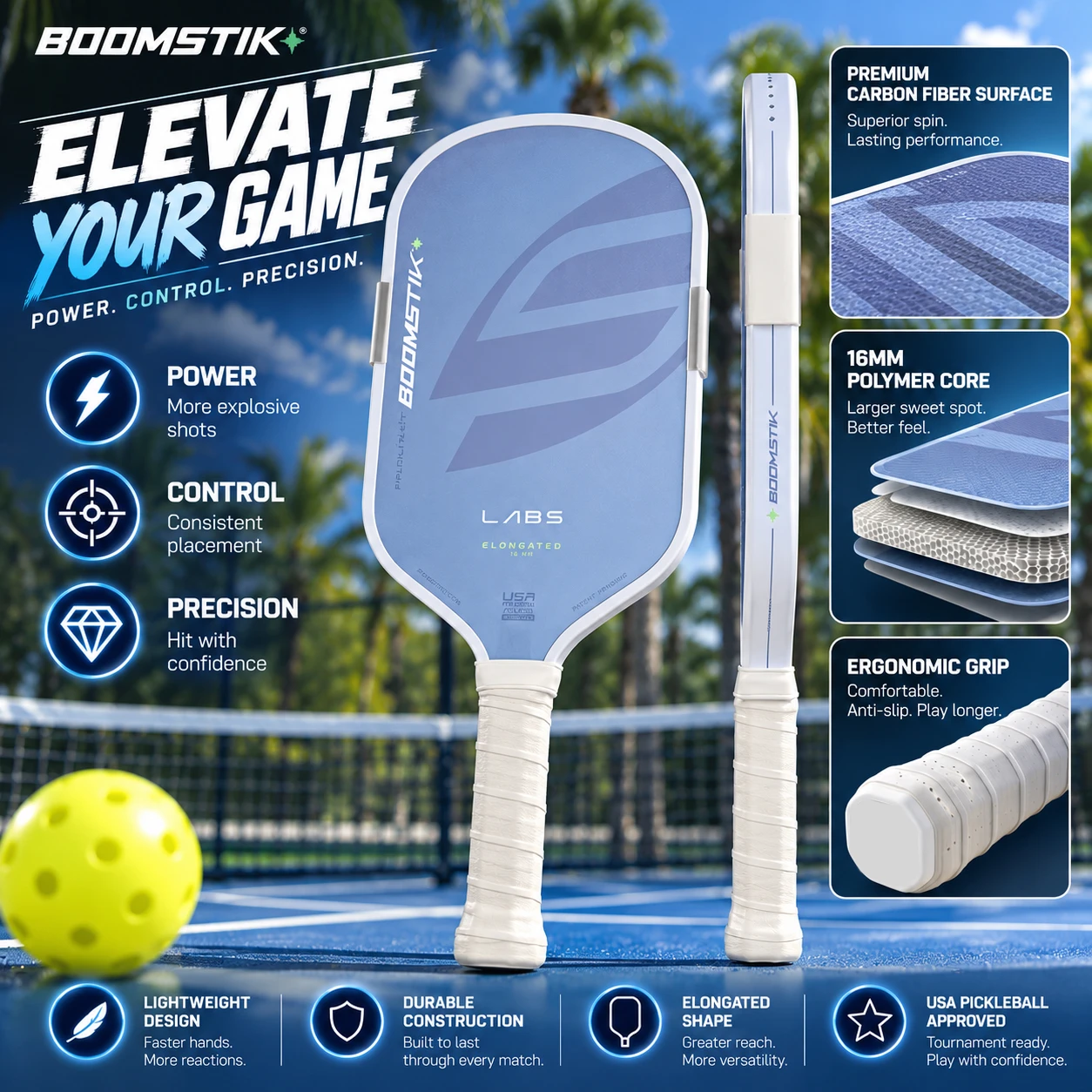 SLK Boom 5th generation pickleball paddle, hot-pressed and molded in one piece