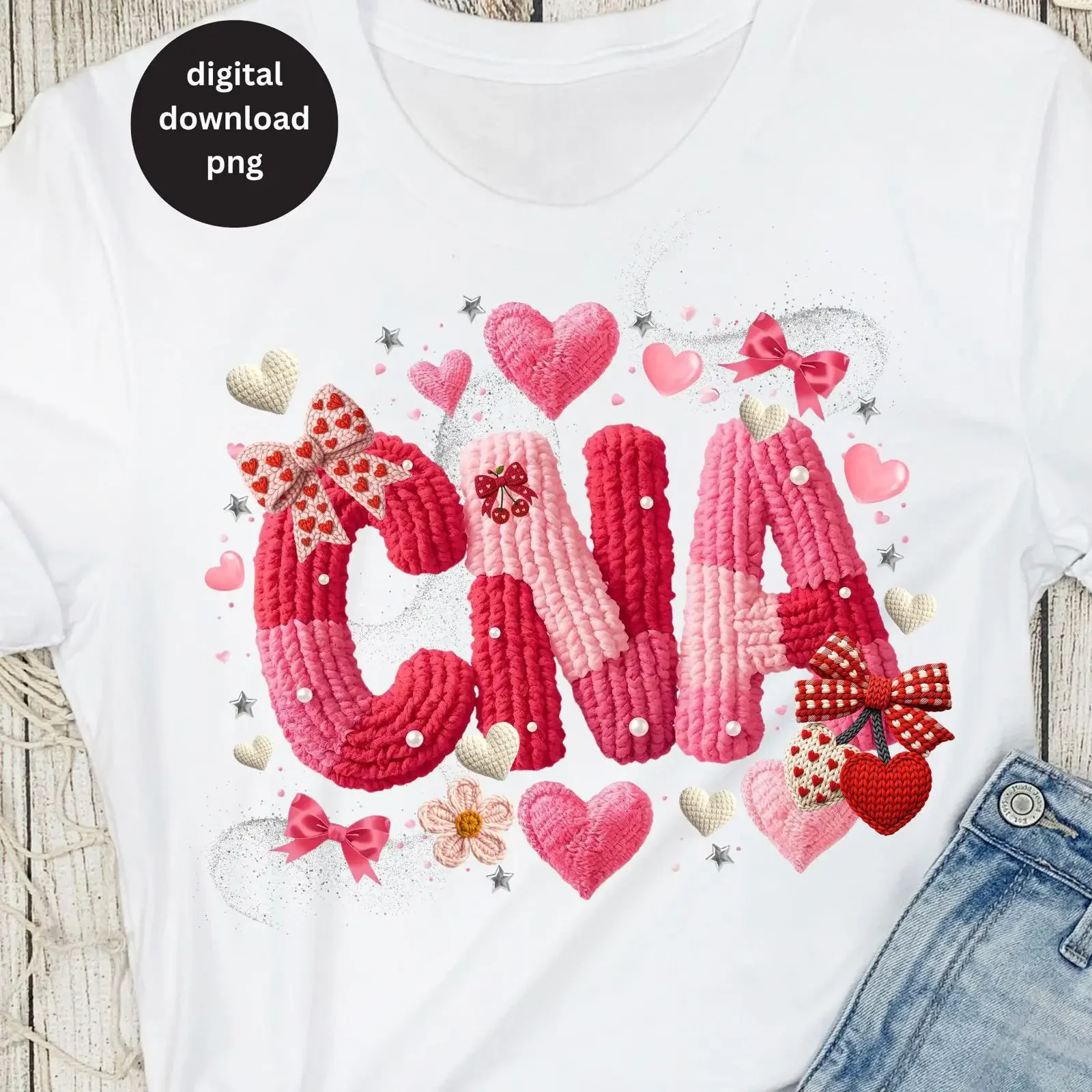 Faux Crochet Yarn CNA Coquette Valentine PNG Pink Bow Heart Certified Nursing Assistant Sublimation Design for T Shirt Print
