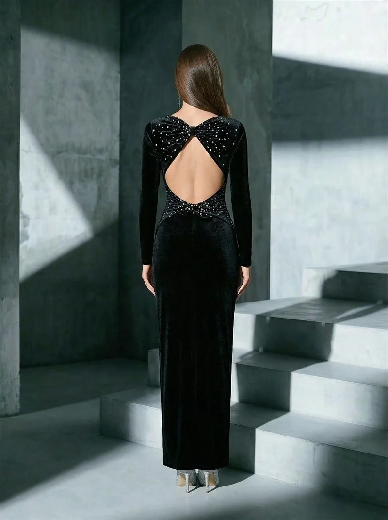 Vestido de Fiesta de Terciopelo con Cristales, Sexy, Negro, con Espalda Descubierta, Ajustado, Largo, Tipo Tubo, para Eventos Formales, Invitadas de Boda, Cumpleaños, Noche